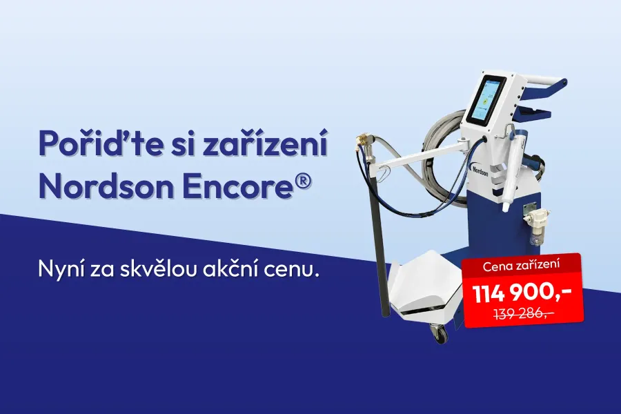 Banner se slovy "Pořiďte si zařízení Nordson Encore® – nyní za skvělou akční cenu" a vyzobrazením práškovacího zařízení s cenou