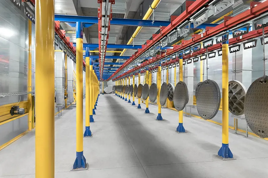 Overhead conveyor with manhole covers hanging