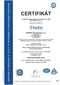 Certificate issued by TUV to SURFIN Technology