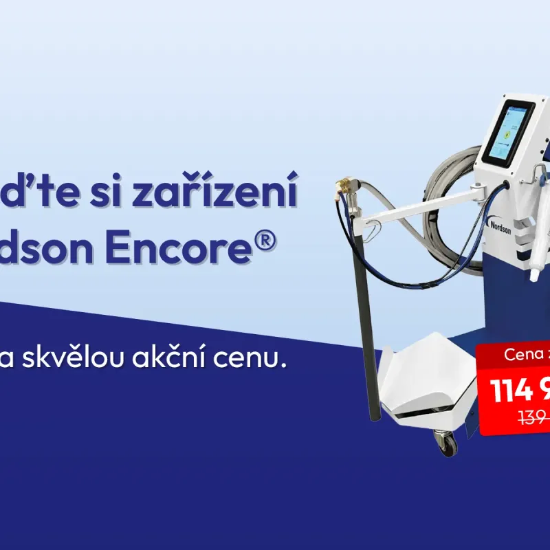 Banner se slovy "Pořiďte si zařízení Nordson Encore® – nyní za skvělou akční cenu" a vyzobrazením práškovacího zařízení s cenou