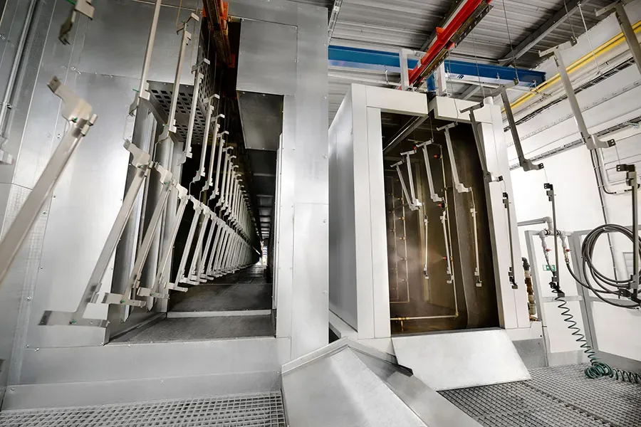 Metal parts going through a coating line