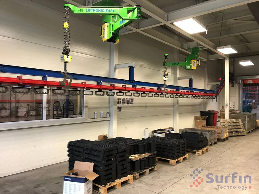 Hanging station with parts on the floor