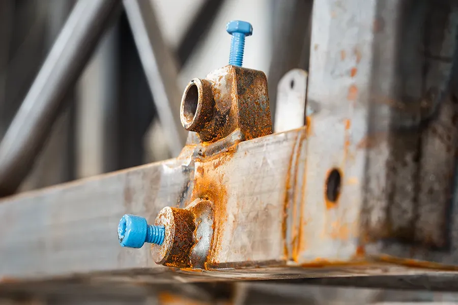 Corroded part with blue screw covers