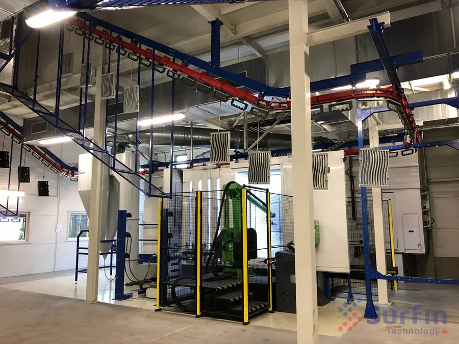 Robotic coating station with an overhead conveyor